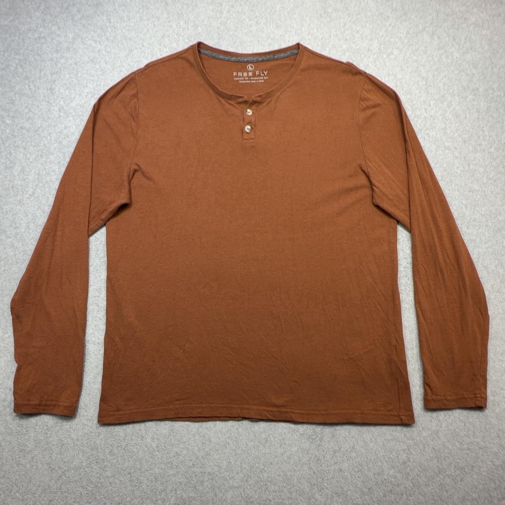 Free Fly Henley Shirt Men Large Brown Orange Long Sleeve Bamboo Performance Fish